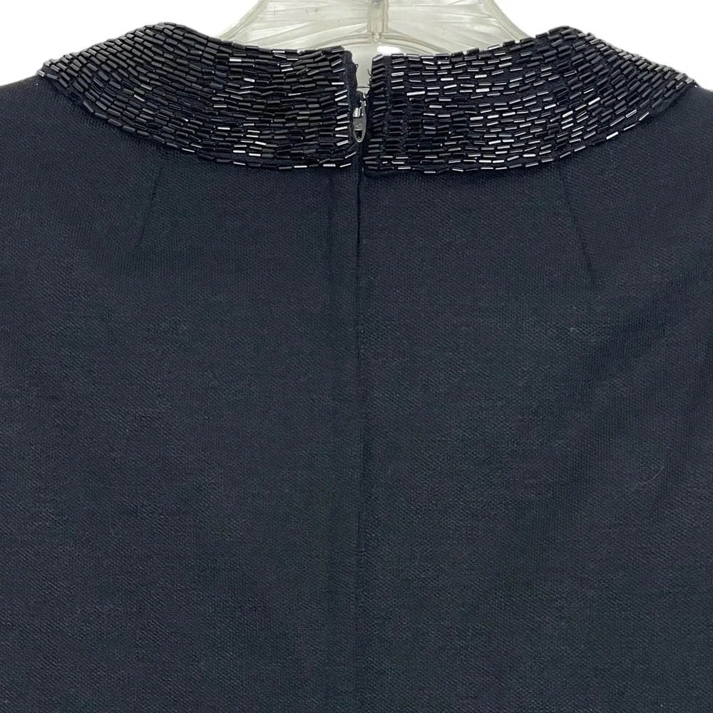 Vintage Black Beaded V-Neck Collar‎ Knit Mid Length Sheath Dress LBD